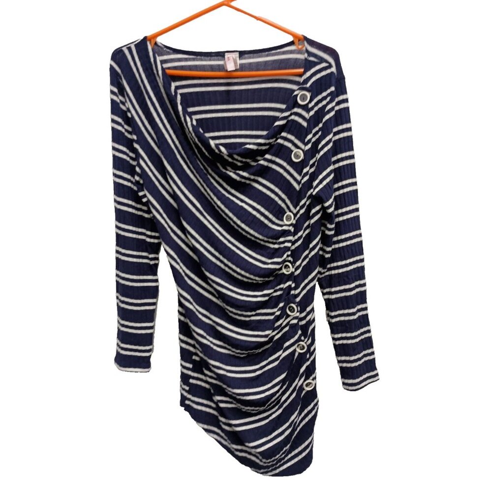 J Mode Womens Striped Tunic Top XL Blue White Cowl Neck Long Sleeve Side Buttons